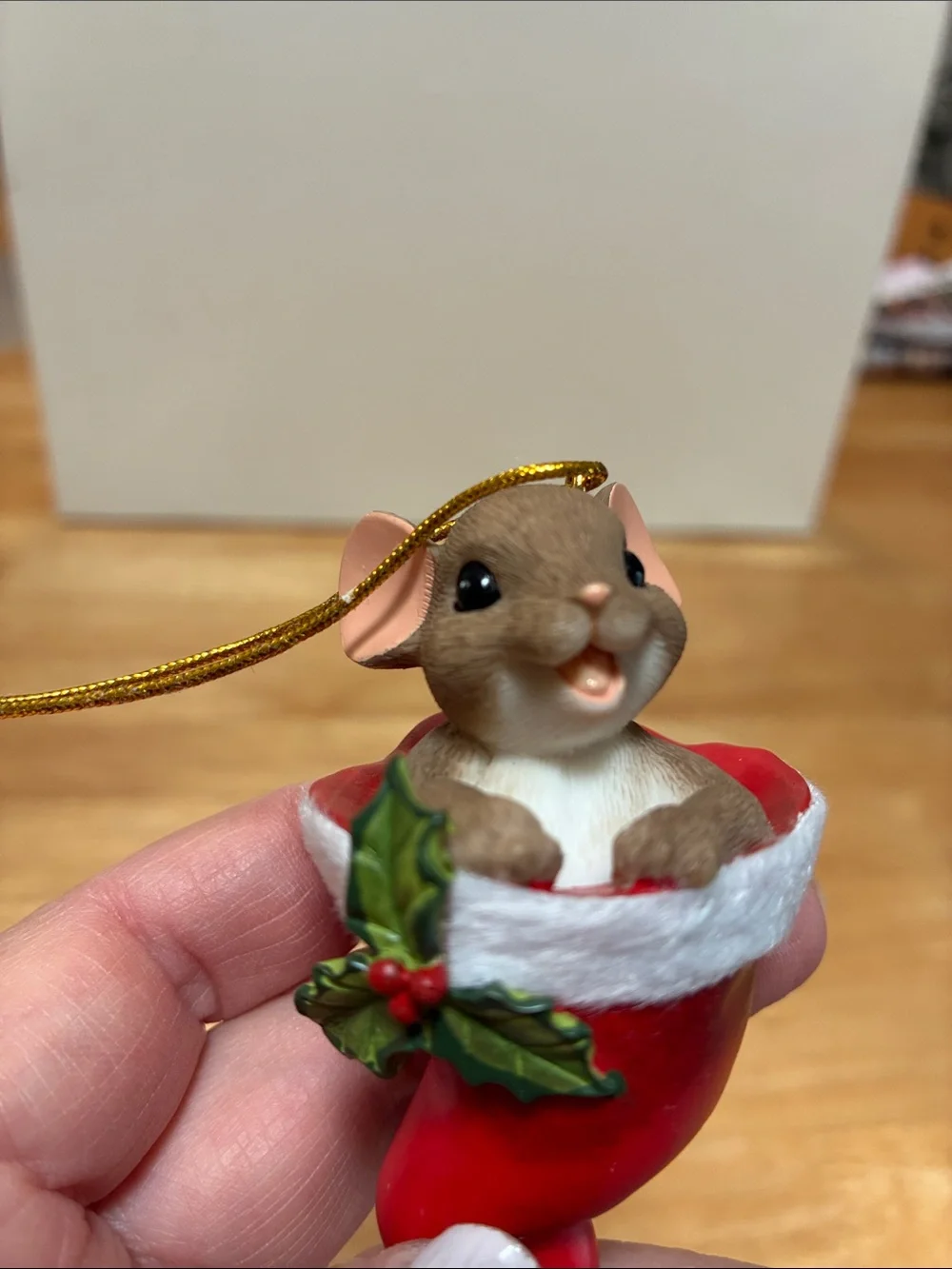 Enesco Brown Mouse in Red Stocking Ornament with White Trim and Green Holly